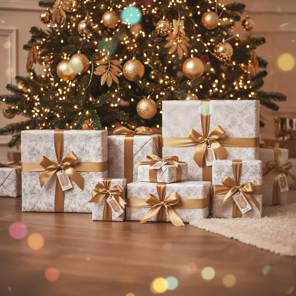 Bannière rectangulaire de cadeaux de Noël 2025 Mihi magnifiquement emballés sous un sapin, illustrant notre guide cadeaux.
