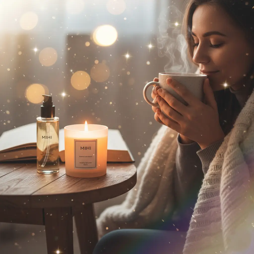 Illustration du concept de "Self-Care Gifting" de notre guide cadeaux Noël 2025, avec une ambiance de détente et des produits Mihi.