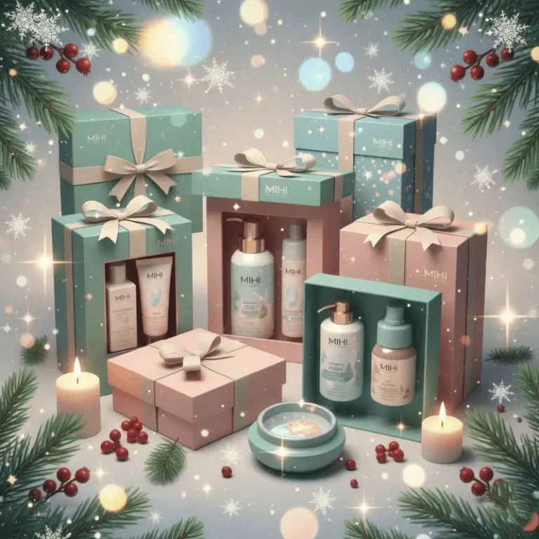 Vitrine festive de Noël 2025 avec des coffrets cadeaux beauté et bien-être Mihi pour homme et femme, comme un guide cadeaux Noël 2025.