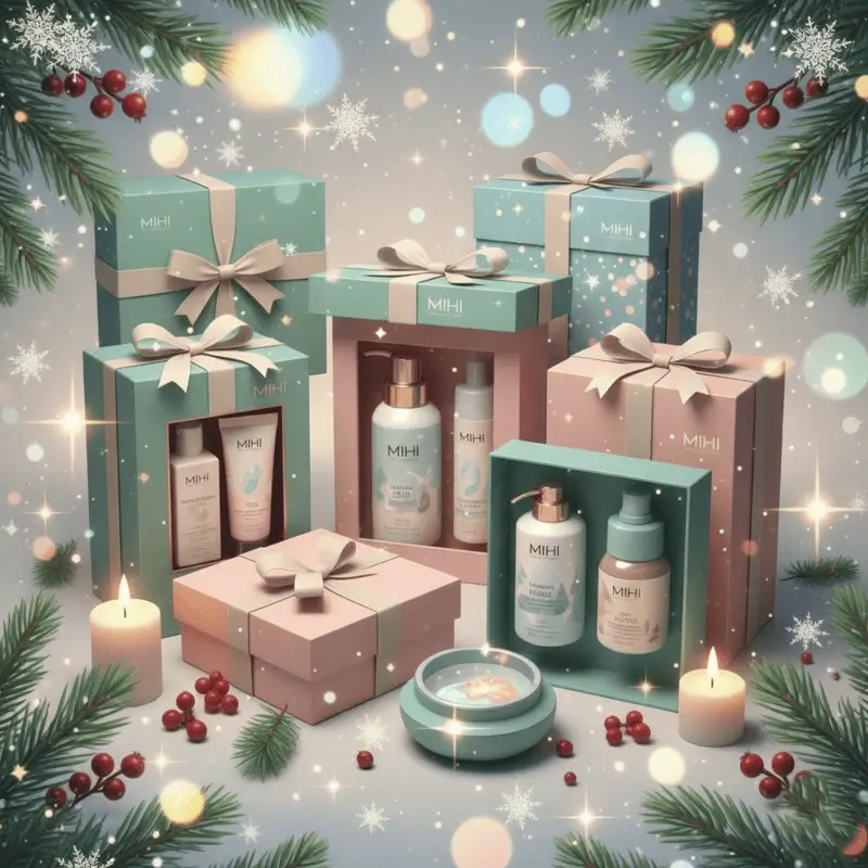 Vitrine festive de Noël 2025 avec des coffrets cadeaux beauté et bien-être Mihi pour homme et femme, comme un guide cadeaux Noël 2025.