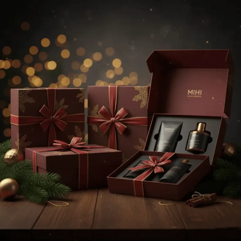 Guide cadeaux Noël 2025 avec une sélection festive de coffrets et produits de beauté Mihi.