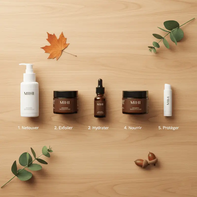 Les 5 étapes de la routine soin automne 2025 illustrées avec les produits de soin Mihi.