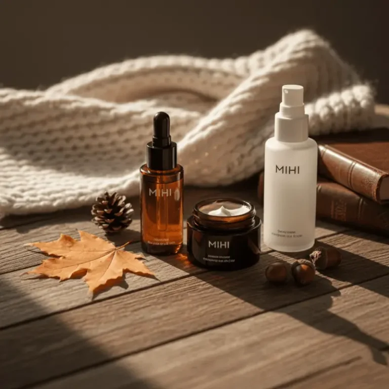 Routine soin automne 2025 avec des produits Mihi pour protéger la peau du froid.
