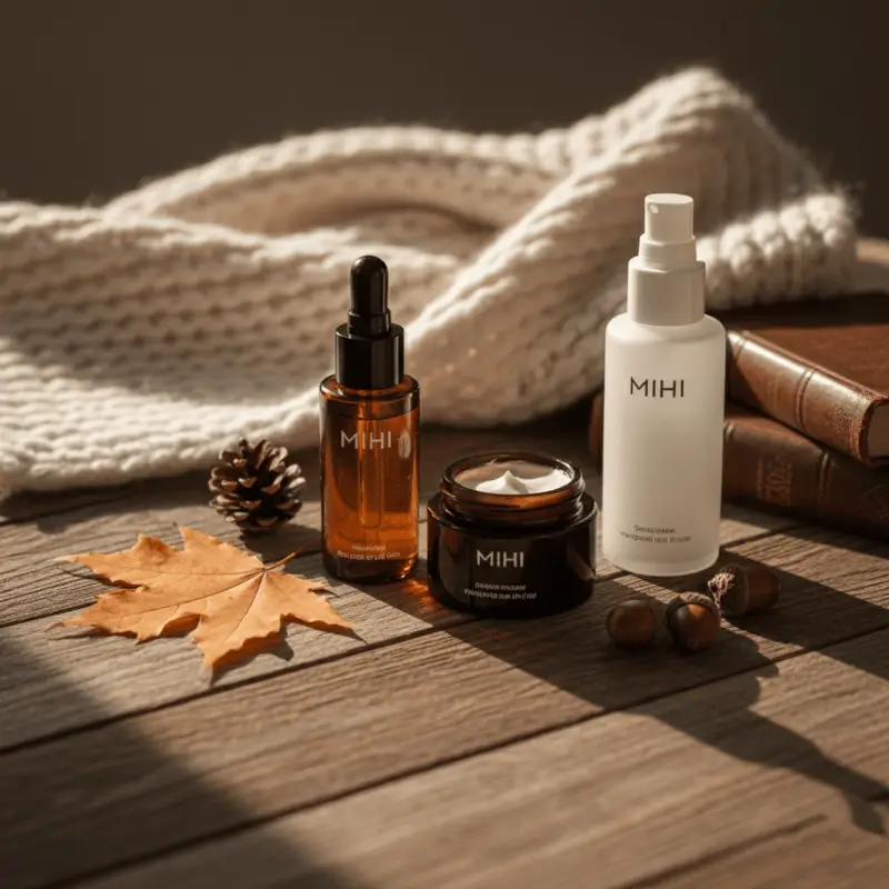 Routine soin automne 2025 avec des produits Mihi pour protéger la peau du froid.