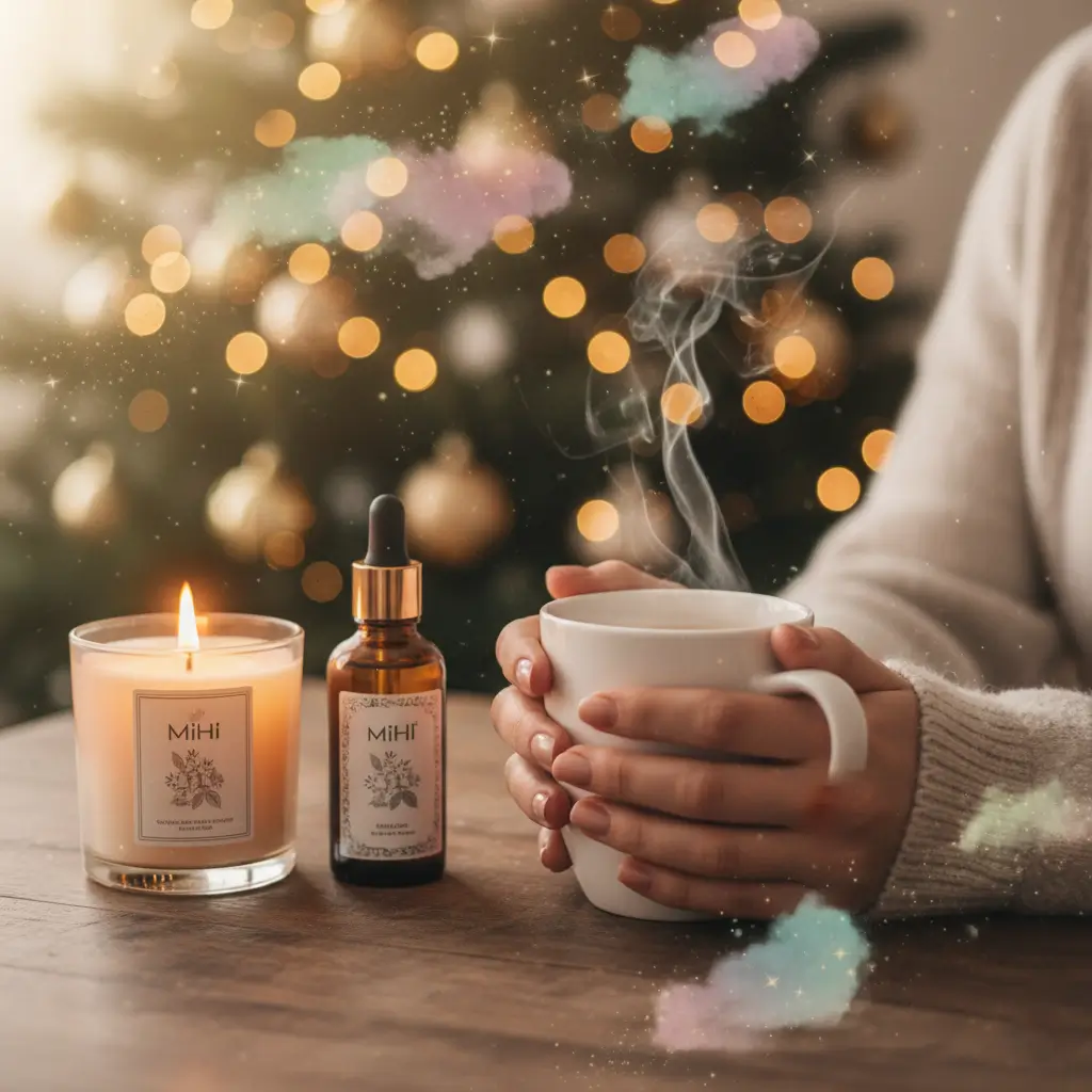 Ambiance de détente pour Noël 2025 avec un coffret self care Mihi, bougie et thé chaud.