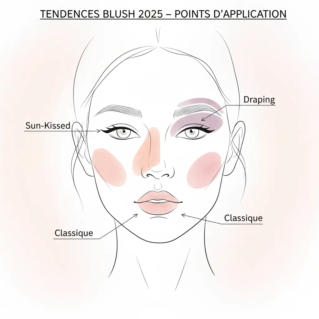 Diagramme des différentes zones d'application du blush pour les tendances blush 2025 (pommettes, nez, temples).