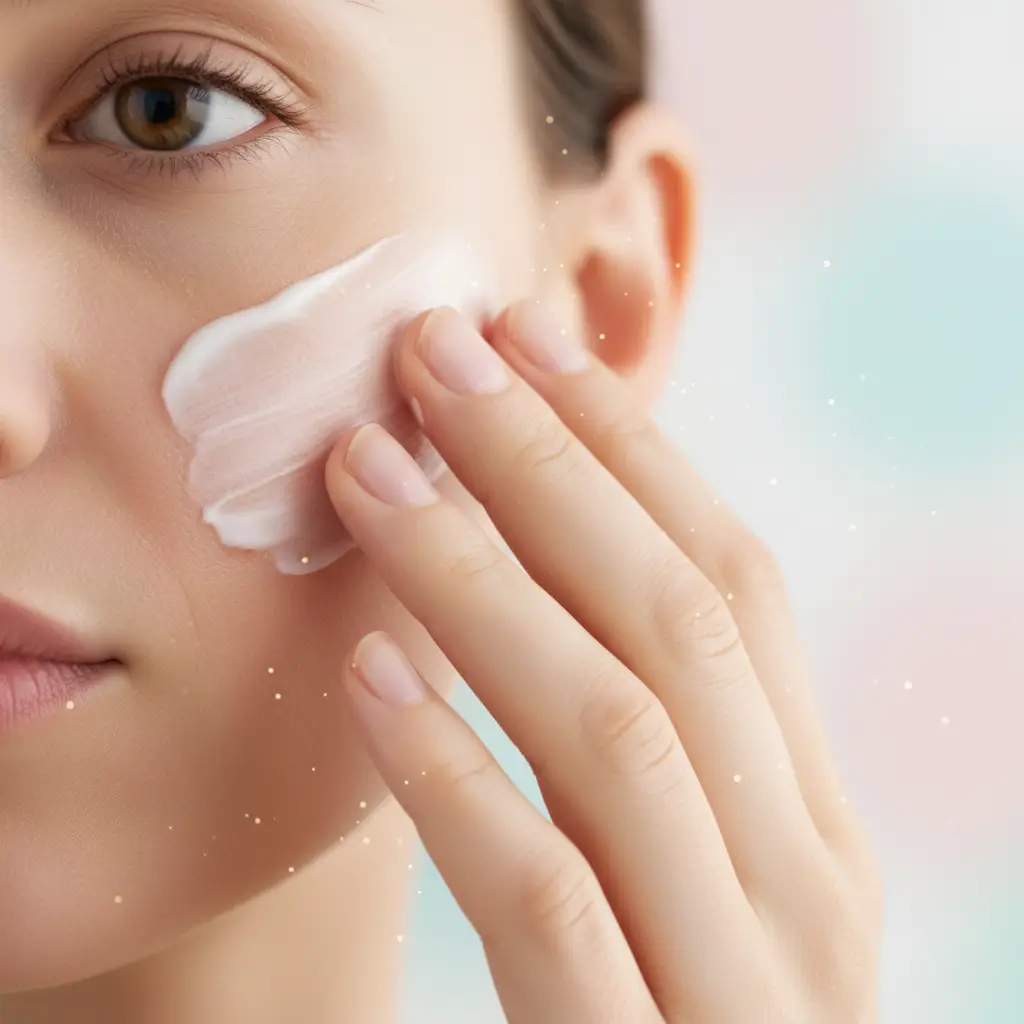 Application d'une crème apaisante dans le cadre d'une routine pour peau sensible et réactive.