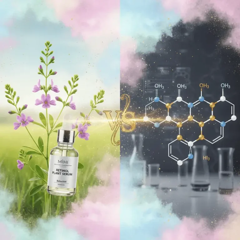 Guide comparatif Bakuchiol vs Rétinol, avec la gamme Retinol Plant de Mihi comme alternative végétale.
