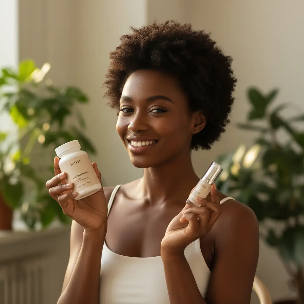 Femme souriante symbolisant le bien-être holistique et la **philosophie de la marque Mihi** pour une beauté In & Out.