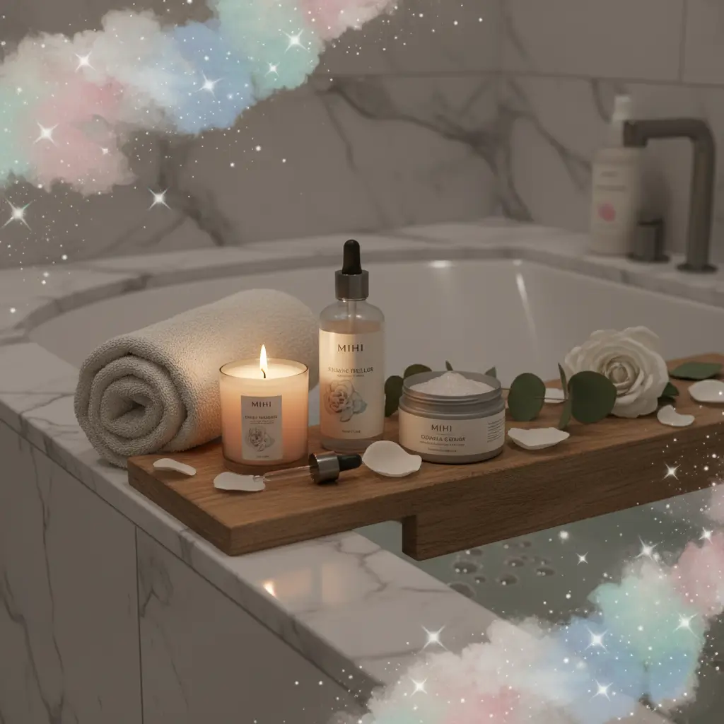 Ambiance de détente "Self-Care" illustrant les idées cadeaux Noël femme 2025 de la gamme bien-être Mihi.