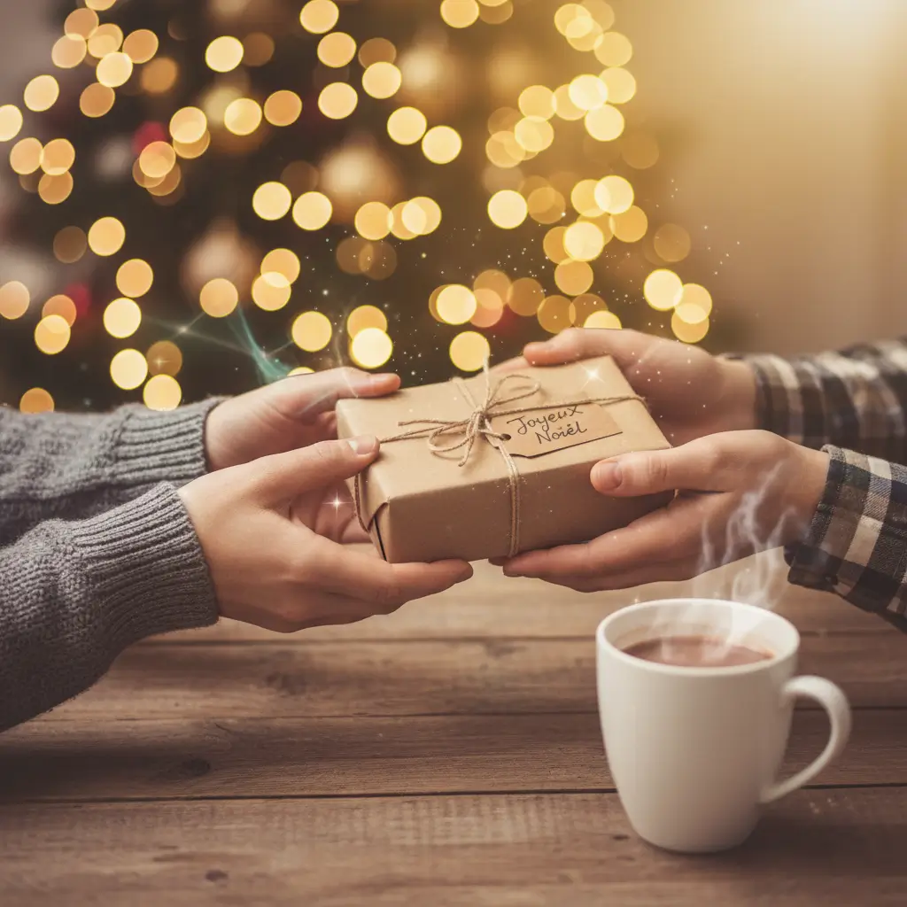 Mains échangeant un cadeau beauté Mihi pour un Secret Santa, une des idées de cadeaux Noël beauté à moins de 30€.