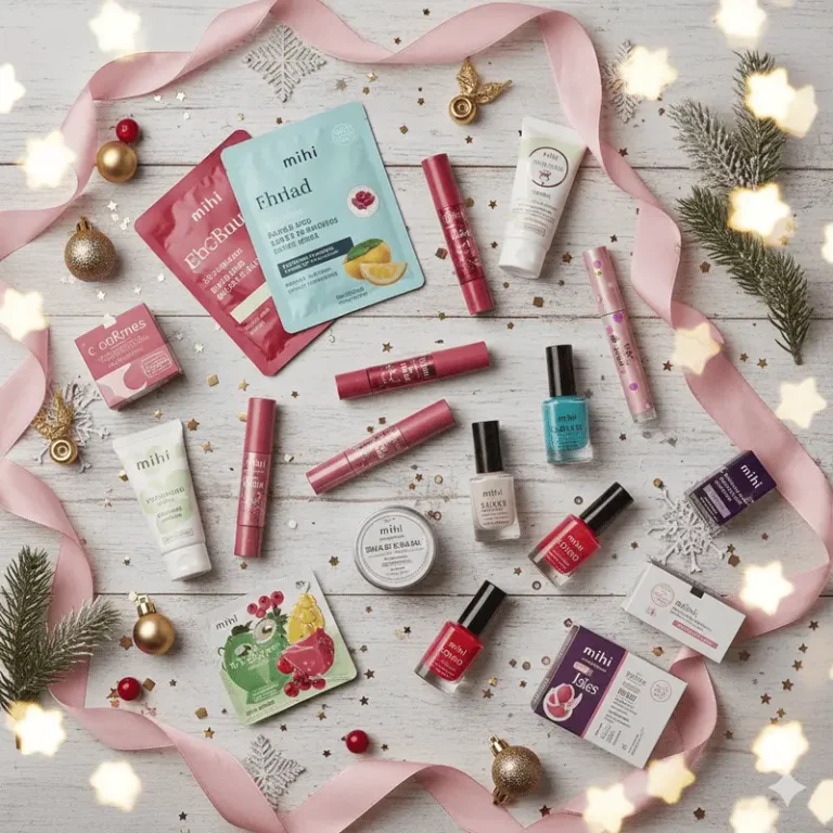 Sélection de produits pour des cadeaux Noël beauté à moins de 30€, dans une ambiance festive et chic.