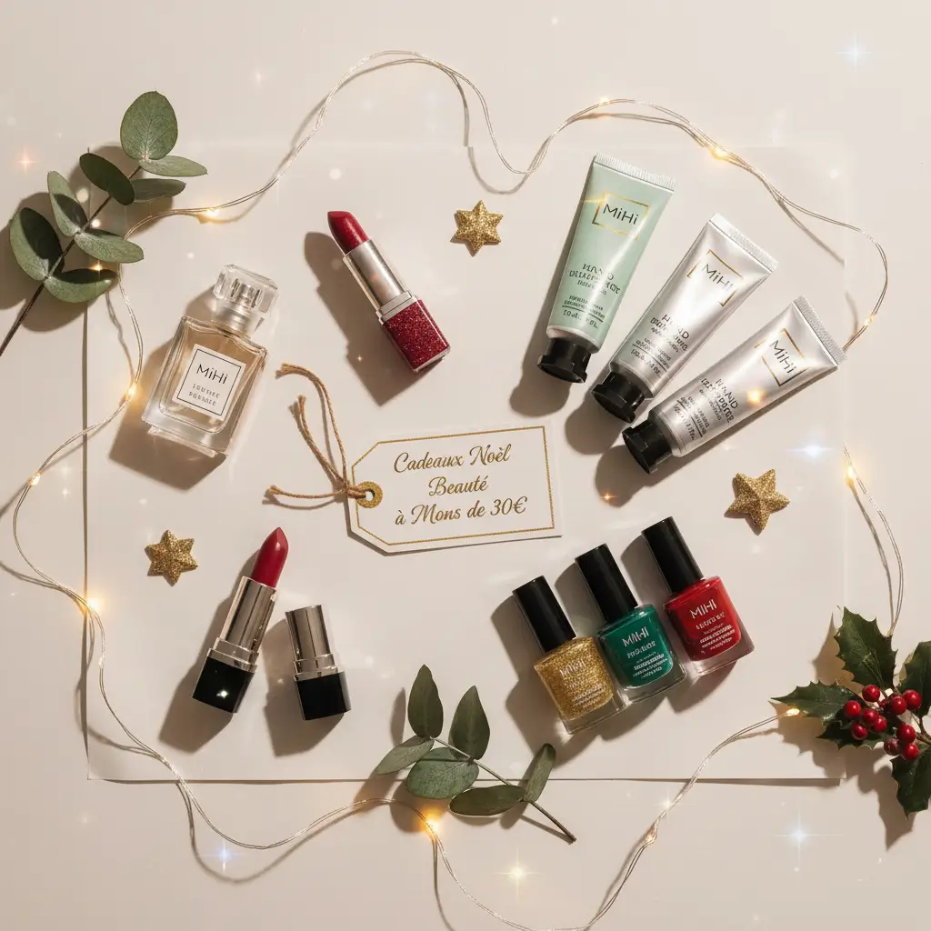 Sélection de produits Mihi pour des cadeaux Noël beauté à moins de 30€, dans une ambiance festive et économique.
