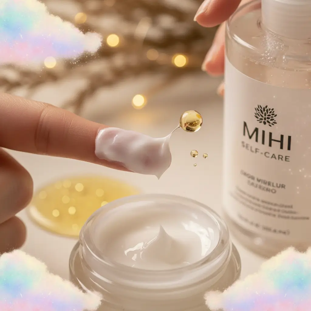 Gros plan sur les textures des produits d'un des **coffrets self care Noël 2025** Mihi, pour une expérience sensorielle.