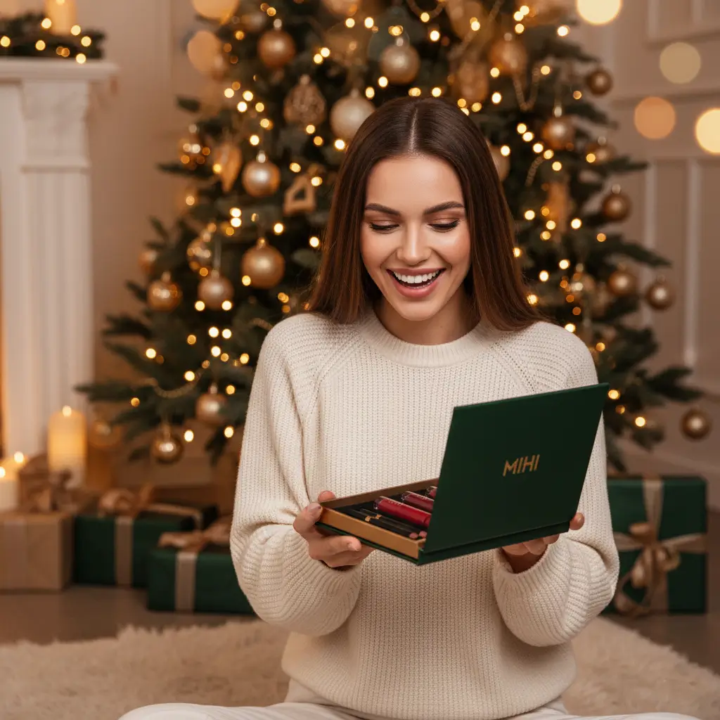 Femme ouvrant avec joie le meilleur coffret maquillage Mihi pour Noël 2025.