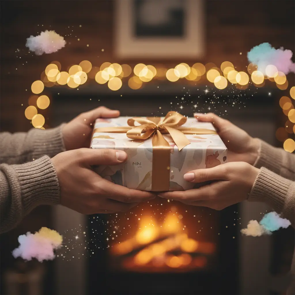 Mains échangeant un coffret cadeau beauté Mihi, symbolisant le plaisir d'offrir.
