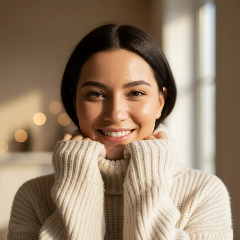 Femme souriante et sereine, symbolisant le confort retrouvé d'une peau protégée par une **routine hiver peau sèche** Mihi.