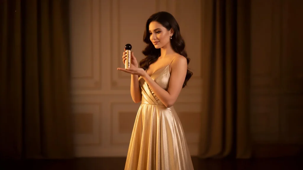 Flacon d'un des meilleurs parfums floraux pour femme Mihi entouré de fleurs fraîches.