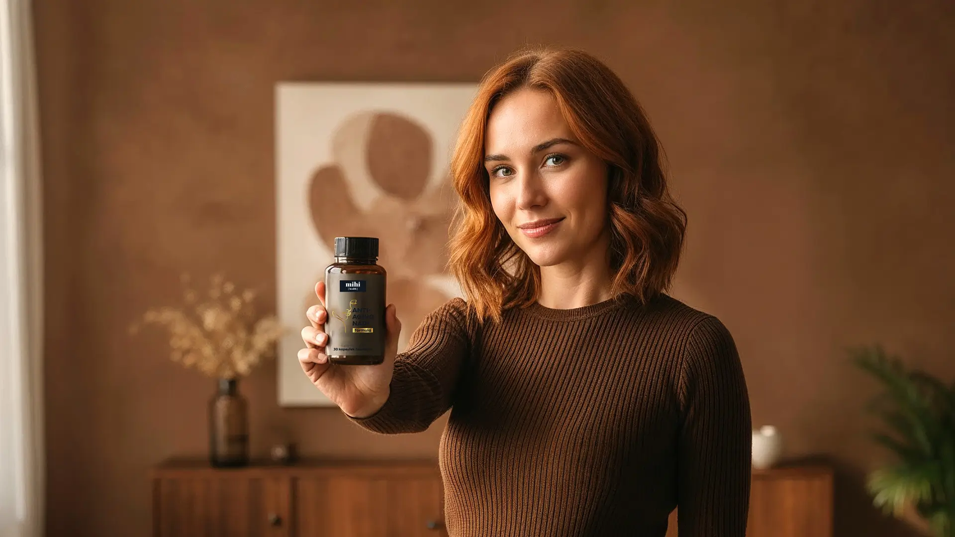 Capsule de Formule Anti-Âge NAD+ Mihi symbolisant énergie, jeunesse et une peau éclatante.