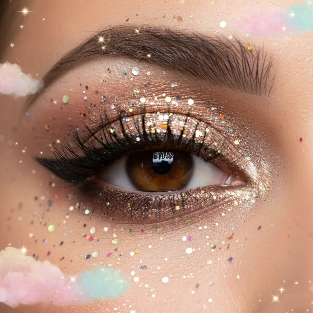 Gros plan sur un maquillage paillettes pour les yeux, une tendance du maquillage Nouvel An 2026.