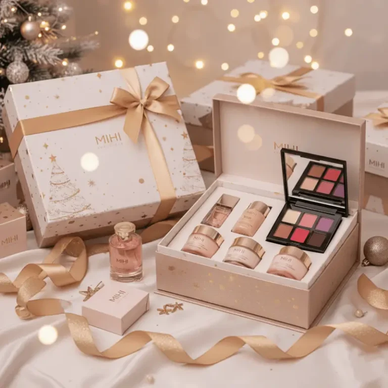 Sélection de coffrets et produits Mihi comme idées cadeaux Noël femme 2025, dans une ambiance festive et élégante.