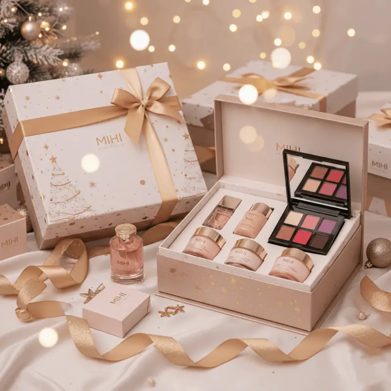 Sélection de coffrets et produits Mihi comme idées cadeaux Noël femme 2025, dans une ambiance festive et élégante.