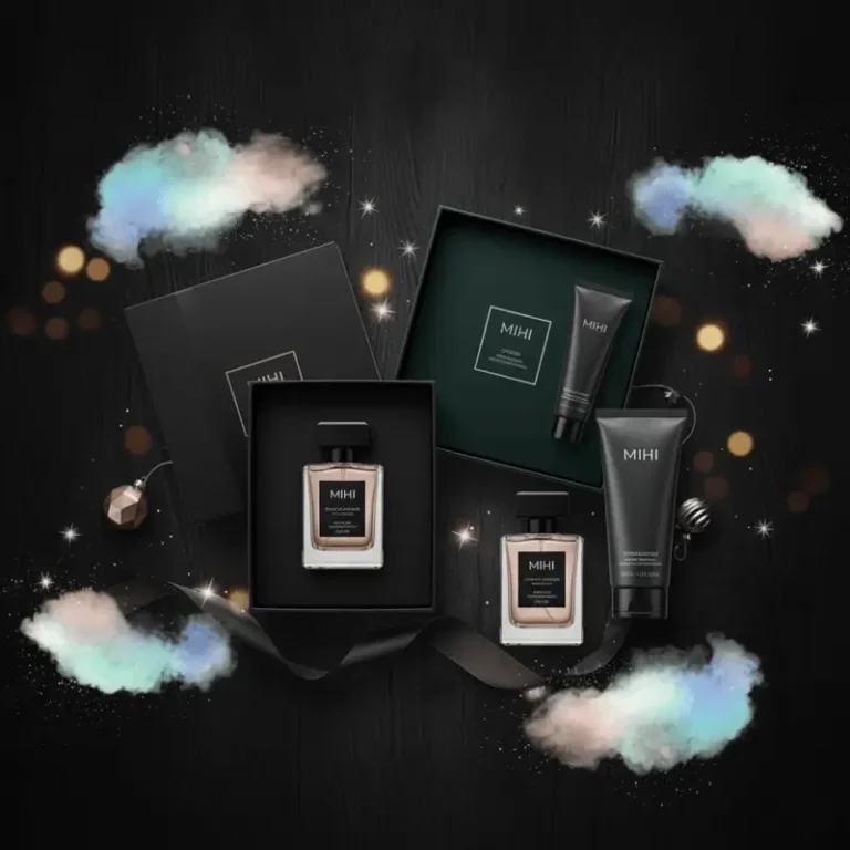 Sélection de coffrets et produits Mihi pour homme, illustrant les idées cadeaux Noël homme 2025 dans un style sophistiqué et moderne.