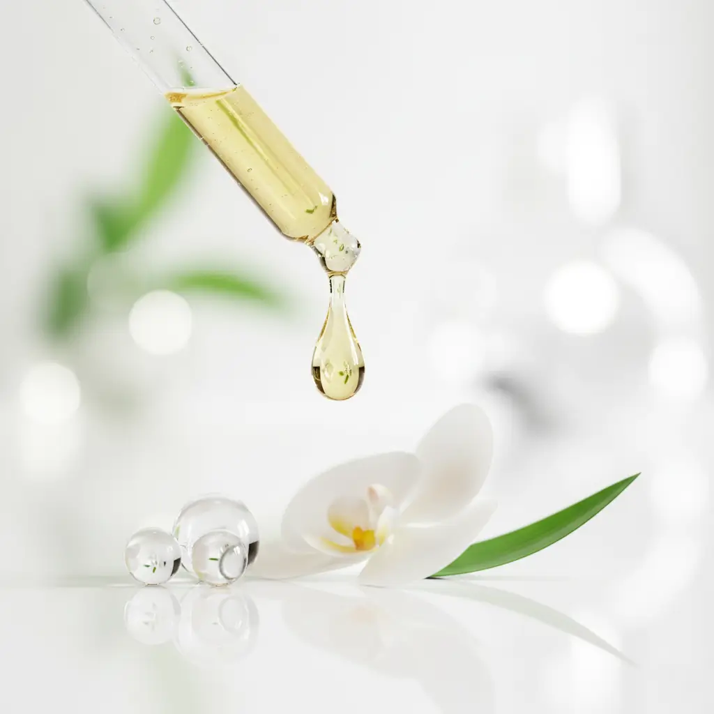 Gros plan sur des ingrédients actifs symbolisant la philosophie de la marque Mihi, entre science et nature.