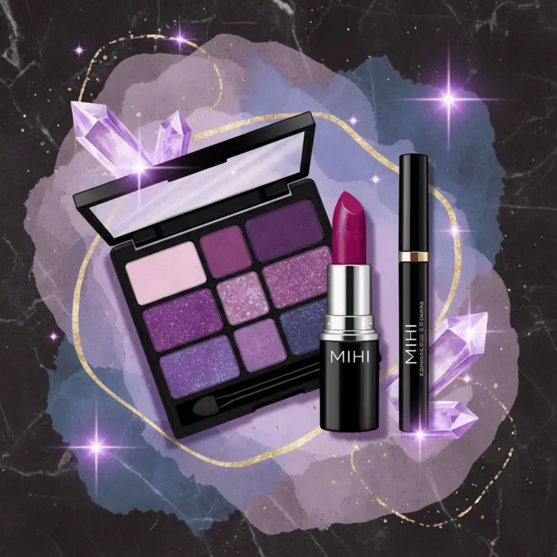 Maquillage automne 2025 avec des accents violets profonds et des produits cosmétiques Mihi.