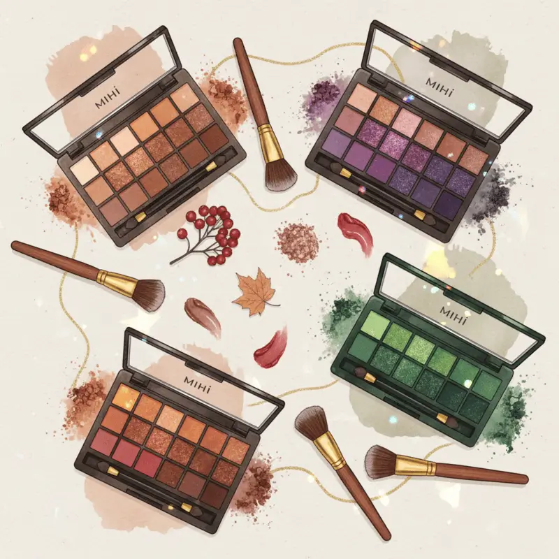 Inspiration pour un maquillage automne 2025 avec différentes palettes de couleurs et produits Mihi.
