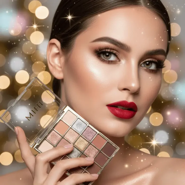 Look de fête glamour pour un **maquillage du Nouvel An 2026**, avec des produits scintillants Mihi.