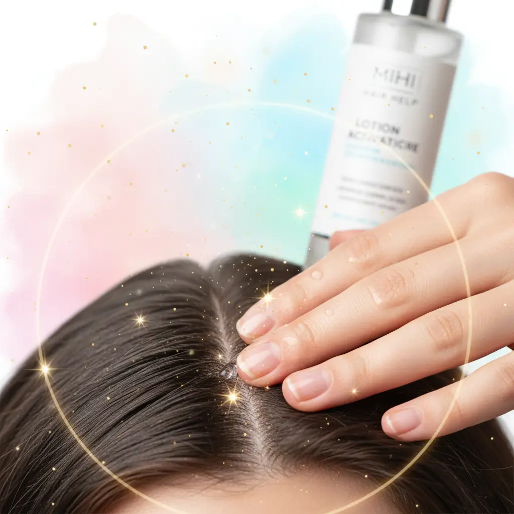 Application d'un soin du meilleur traitement anti-chute de cheveux Mihi sur le cuir chevelu.