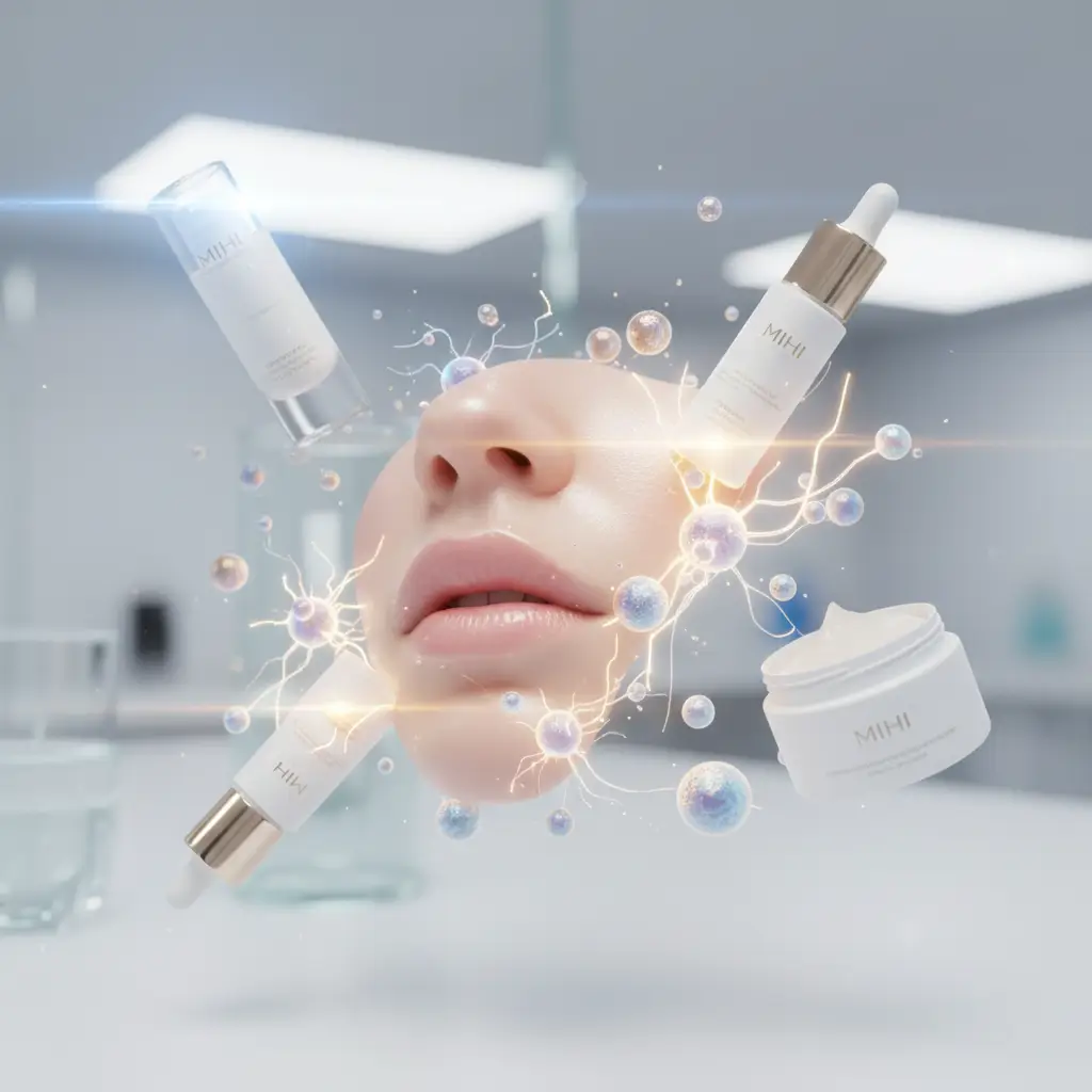 Illustration du **microbiome cutané beauté** avec des micro-organismes et des produits Mihi pour une peau équilibrée et radieuse.