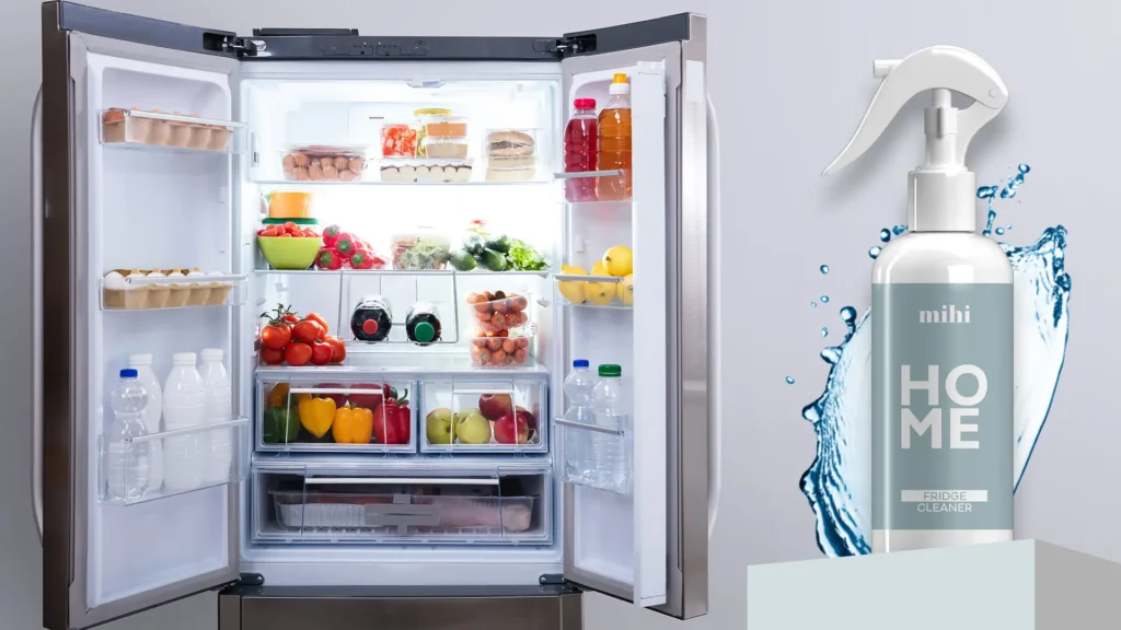 Nettoyage d'un réfrigérateur avec le nettoyant écologique Mihi pour une maison saine, un des produits ménagers écologiques de la gamme.