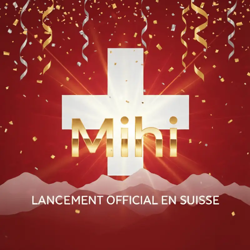 Annonce officielle du lancement de Mihi en Suisse avec le logo Mihi et le drapeau suisse.