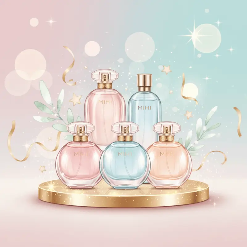 Flacons de parfums Mihi élégants avec des accessoires de Noël, illustrant les idées cadeaux Noël femme 2025 pour les amatrices de senteurs.