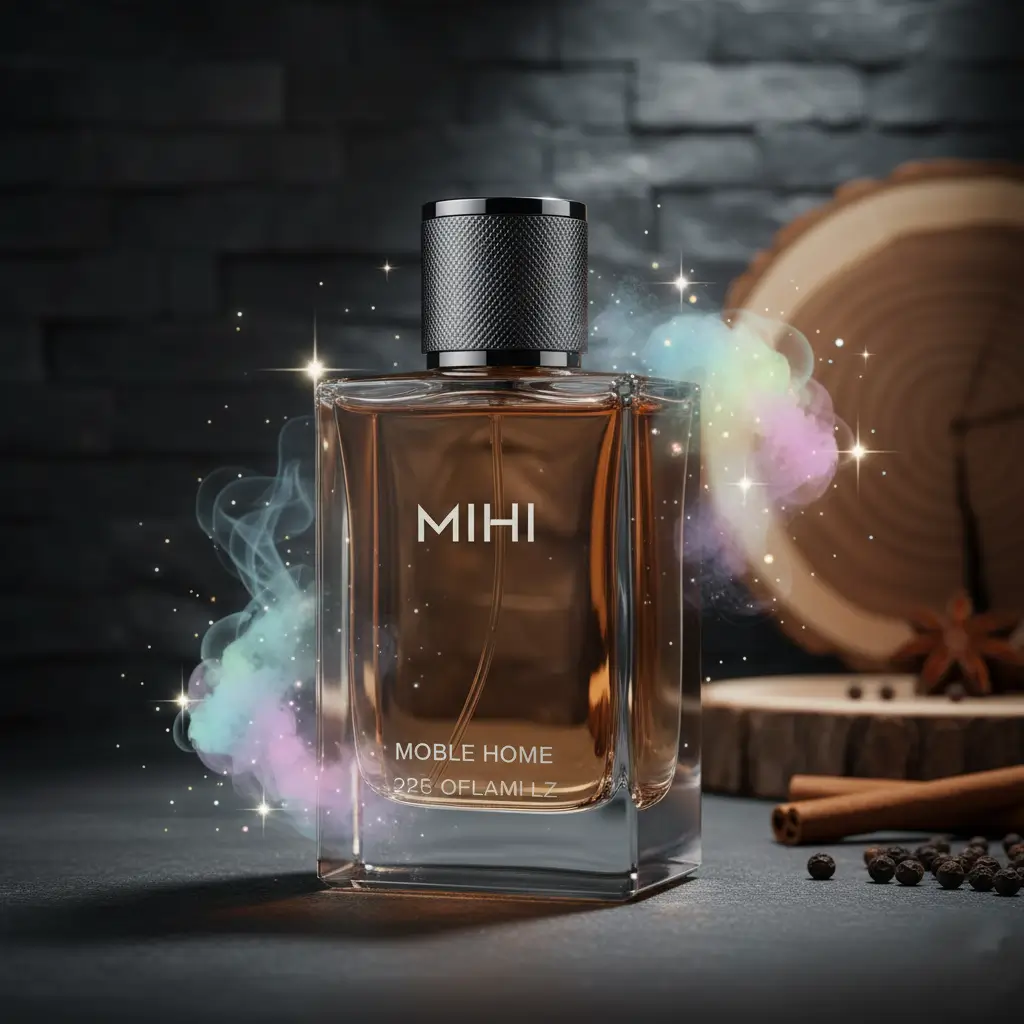 Flacon de parfum Mihi pour homme dans une ambiance masculine et sophistiquée, une idée cadeau Noël homme 2025 élégante.
