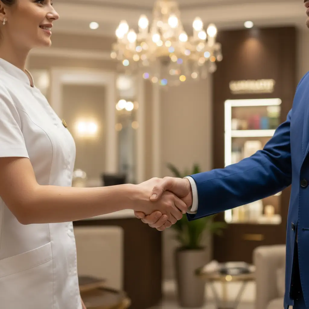 Poignée de main symbolisant le partenariat du programme fidélité B2B beauté Mihi.