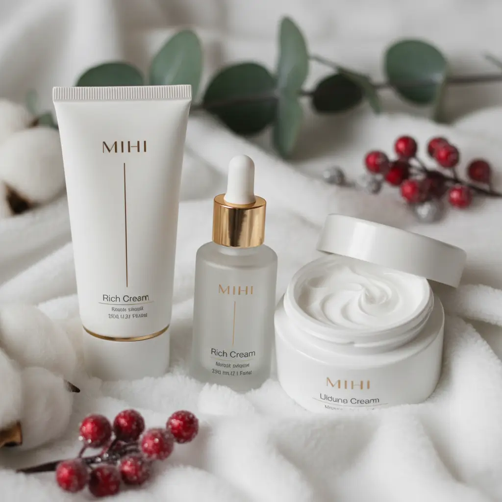 Sélection de produits Mihi essentiels pour la **routine hiver peau sèche** : sérum, crème riche, masque.