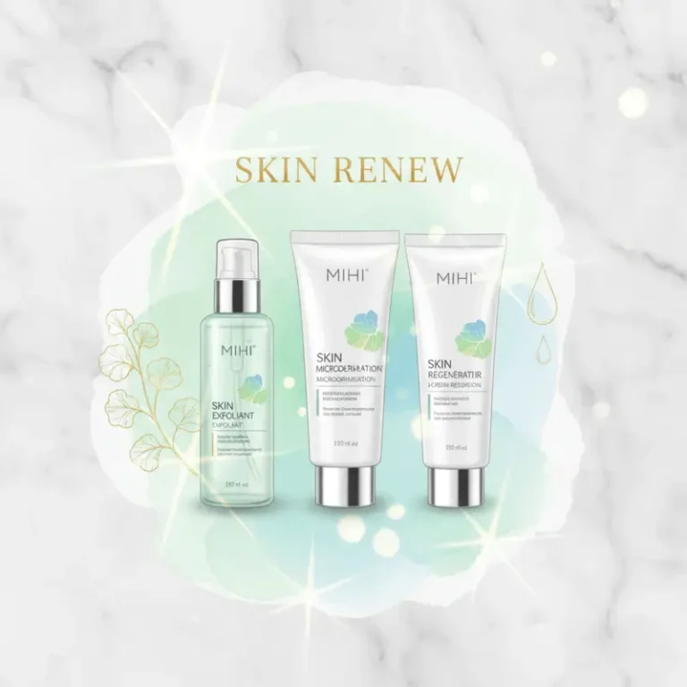 Routine de produits Mihi pour réparer sa peau après l'été, avec la gamme Skin Renew.
