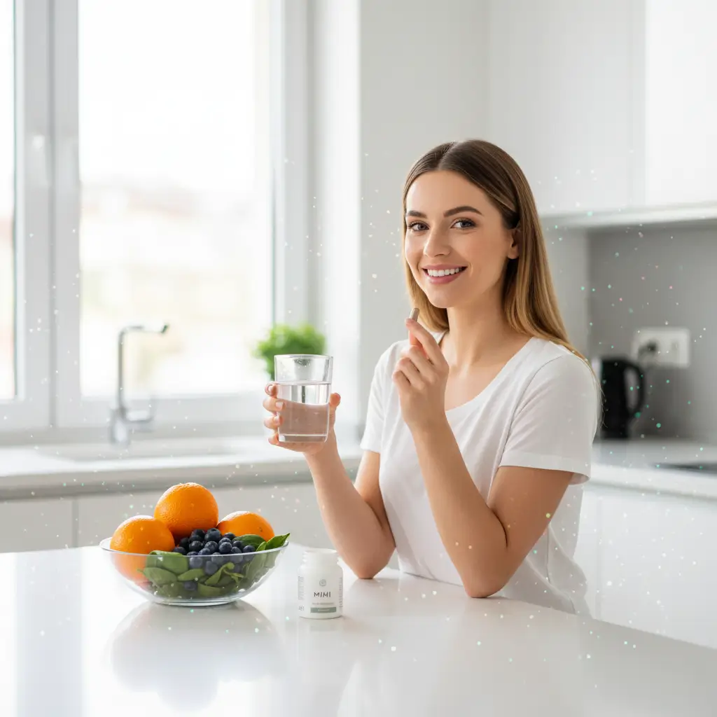 Femme prenant ses compléments alimentaires beauté Mihi dans le cadre d'une routine saine.