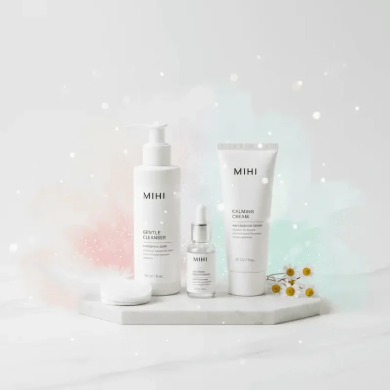 Guide de la routine pour peau sensible et réactive avec les produits de soin apaisants de Mihi.