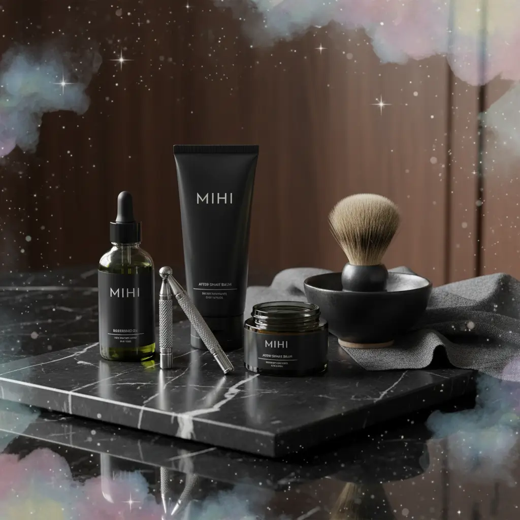 Produits de soin et rasage Mihi pour homme, comme idées cadeaux Noël homme 2025, dans une ambiance de barber shop.