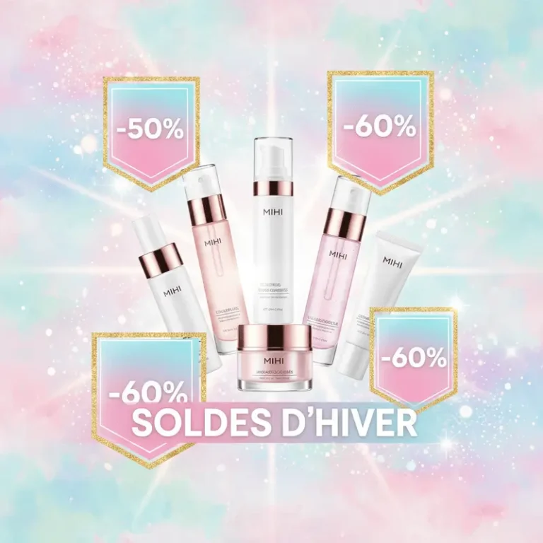 Guide des soldes hiver 2026 beauté pour un "New Year Glow Up", avec des produits Mihi en promotion.