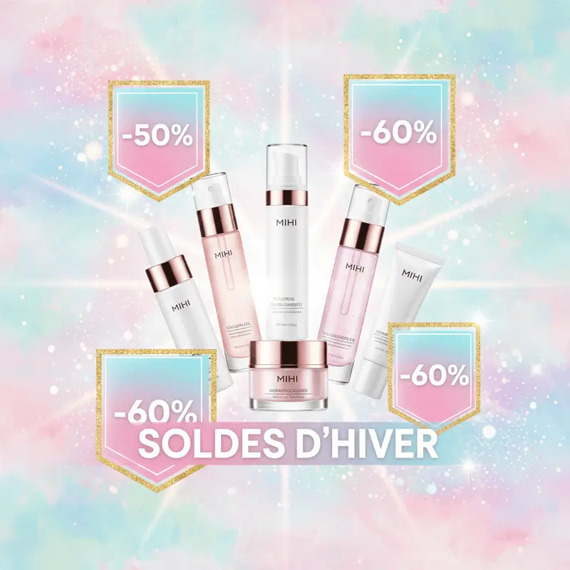Guide des soldes hiver 2026 beauté pour un "New Year Glow Up", avec des produits Mihi en promotion.