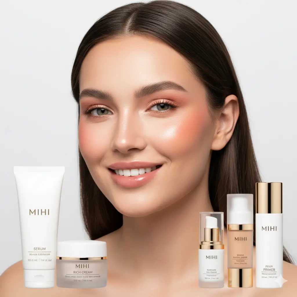 Femme souriante avec un effet "bonne mine" frais, illustrant les tendances blush 2025 et le teint Mihi.