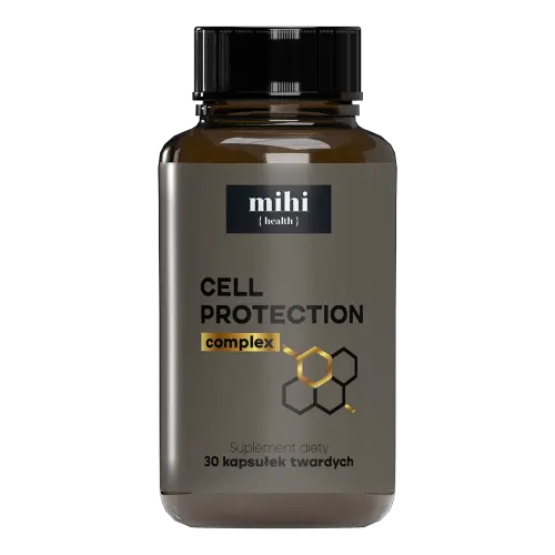Capsules de Complexe Protection Cellulaire Mihi formant un bouclier sur un fond scientifique.