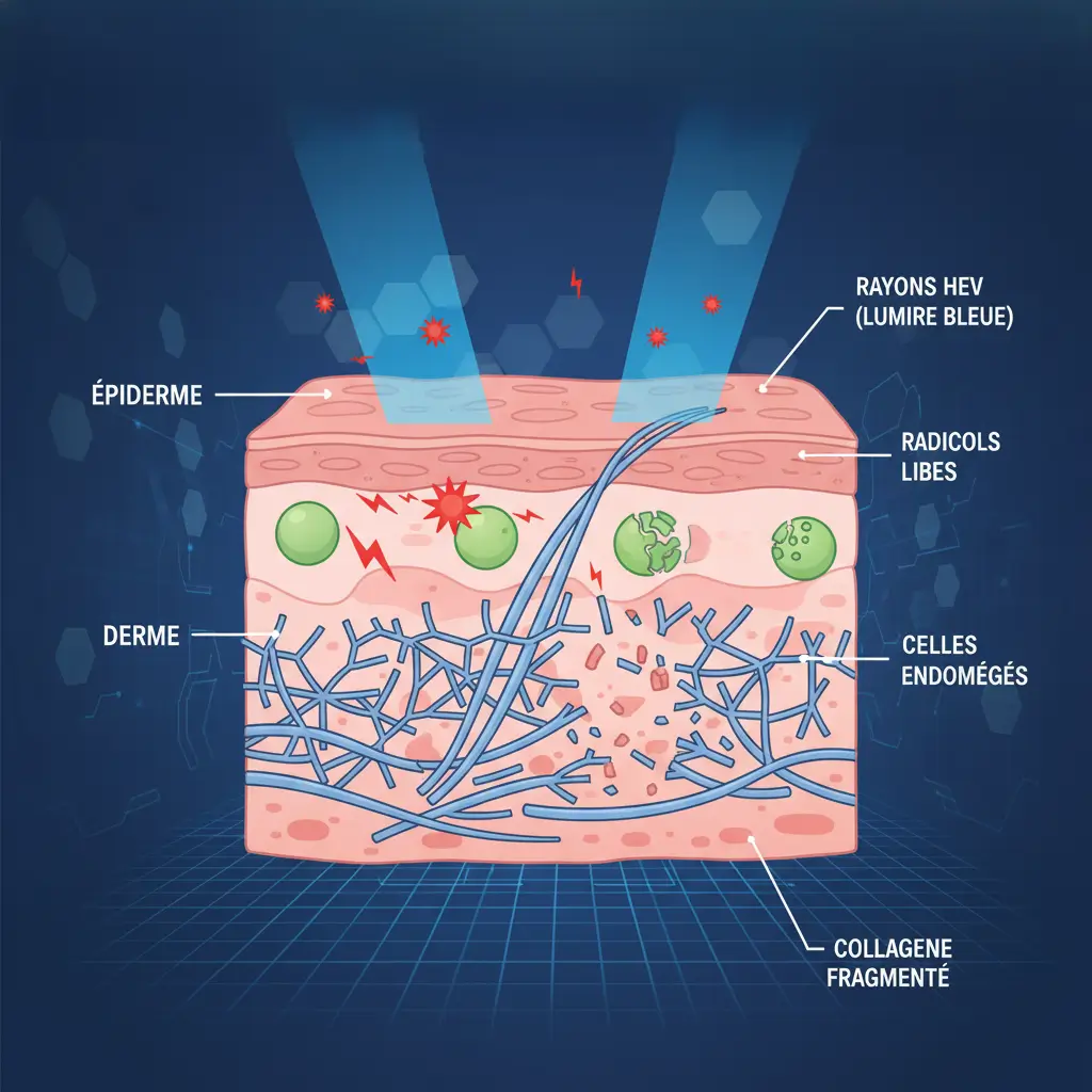 Illustration scientifique de l'impact de la lumière bleue écran peau Mihi sur les cellules et le vieillissement.