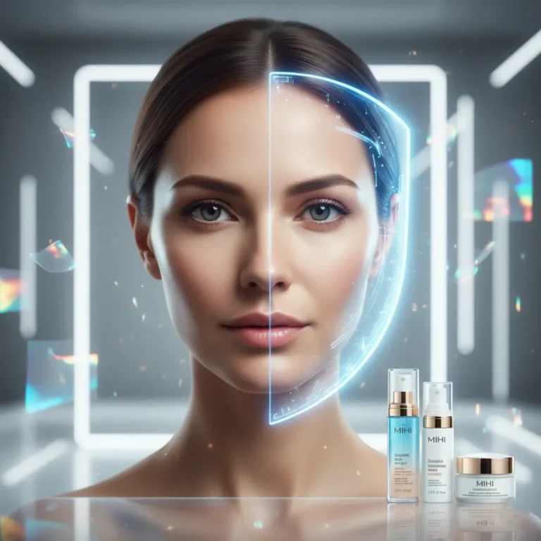 Visage protégé de la **lumière bleue écran peau Mihi** par un bouclier invisible avec des produits Mihi.