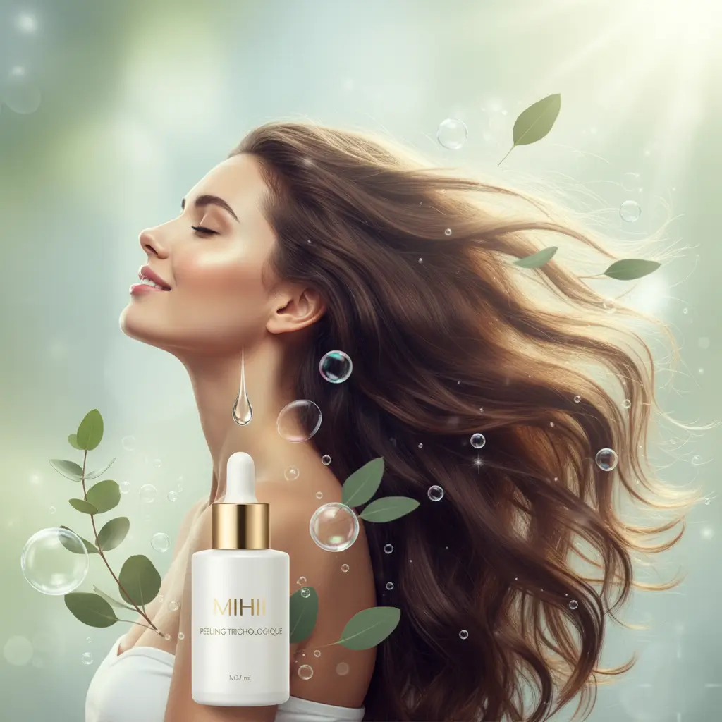 Femme souriante avec des cheveux magnifiques et un cuir chevelu sain, mettant en valeur le Peeling Trichologique Mihi.